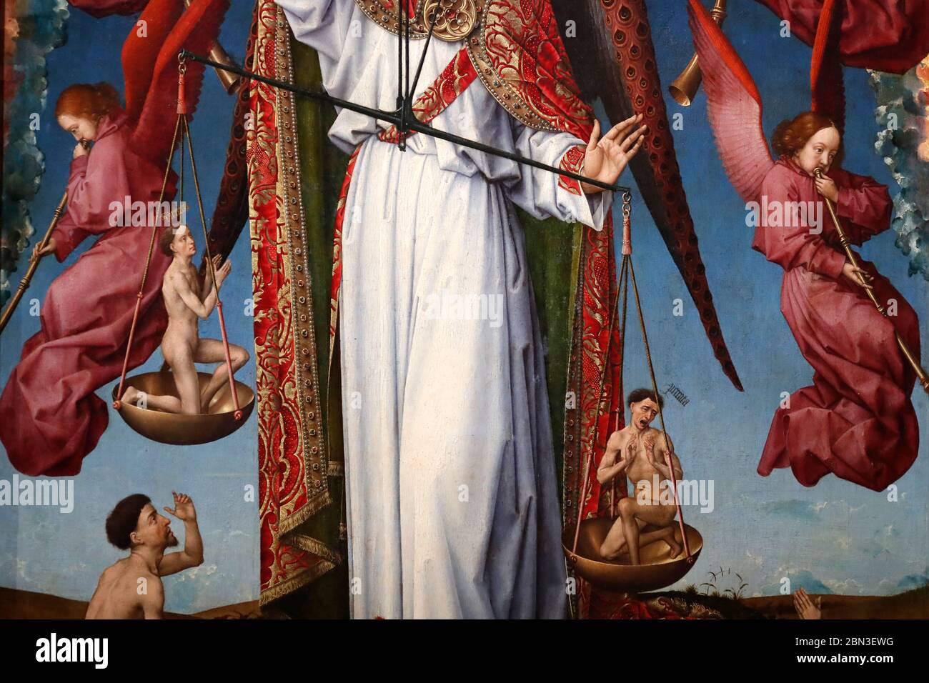 Musée Hospices de Beaune. Rogier Van Der Weyden (1399-1468) pièce à tartre polyptyque. Détails. Le dernier jugement. Archange Saint Michael peser l'âme Banque D'Images