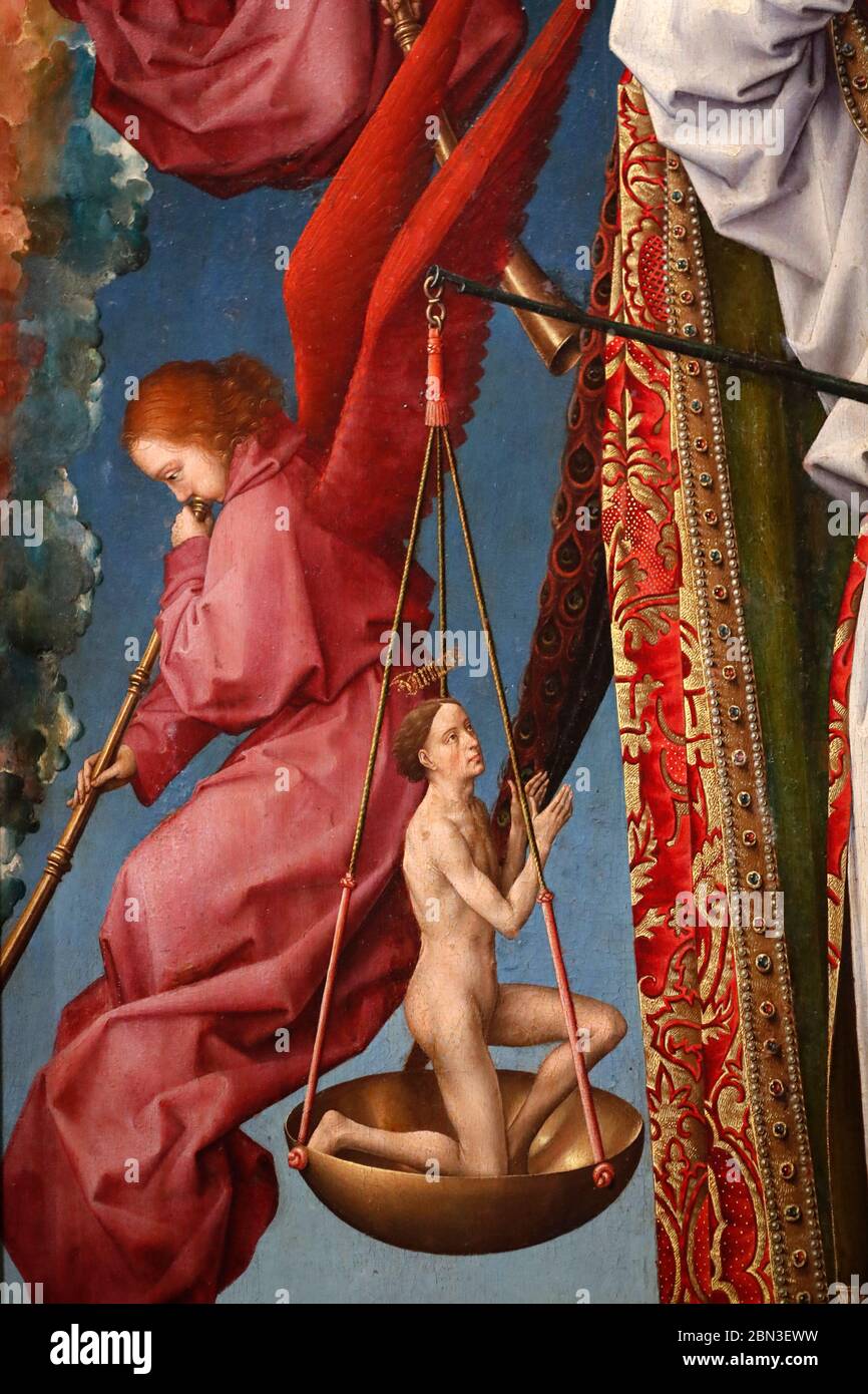 Musée Hospices de Beaune. Rogier Van Der Weyden (1399-1468) pièce à tartre polyptyque. Détails. Le dernier jugement. Archange Saint Michael peser l'âme Banque D'Images