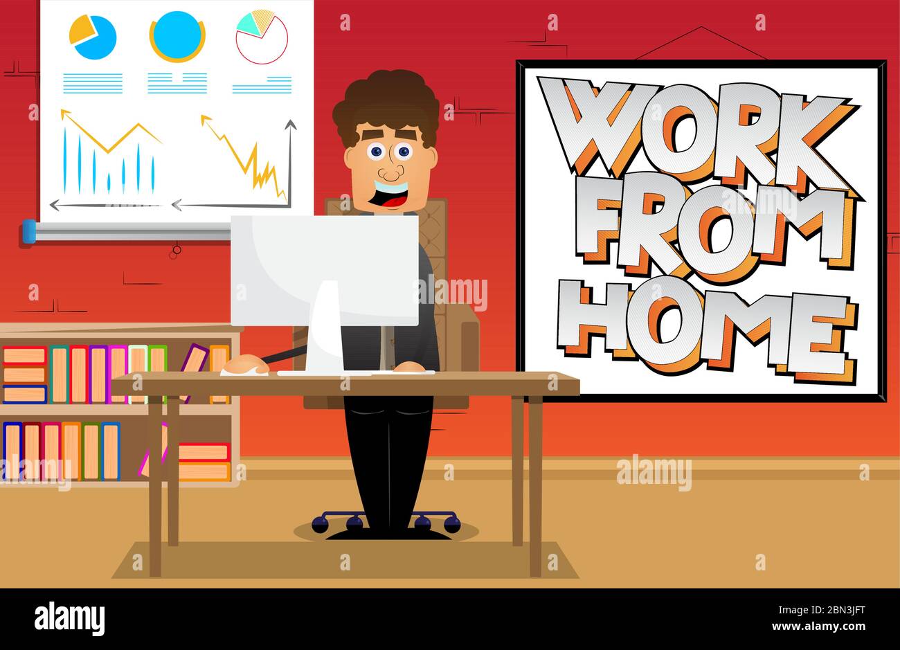 Homme travaillant dans son bureau à domicile. Illustration vectorielle de dessin animé. Homme d'affaires séjournant et travaillant de chez lui. Illustration de Vecteur
