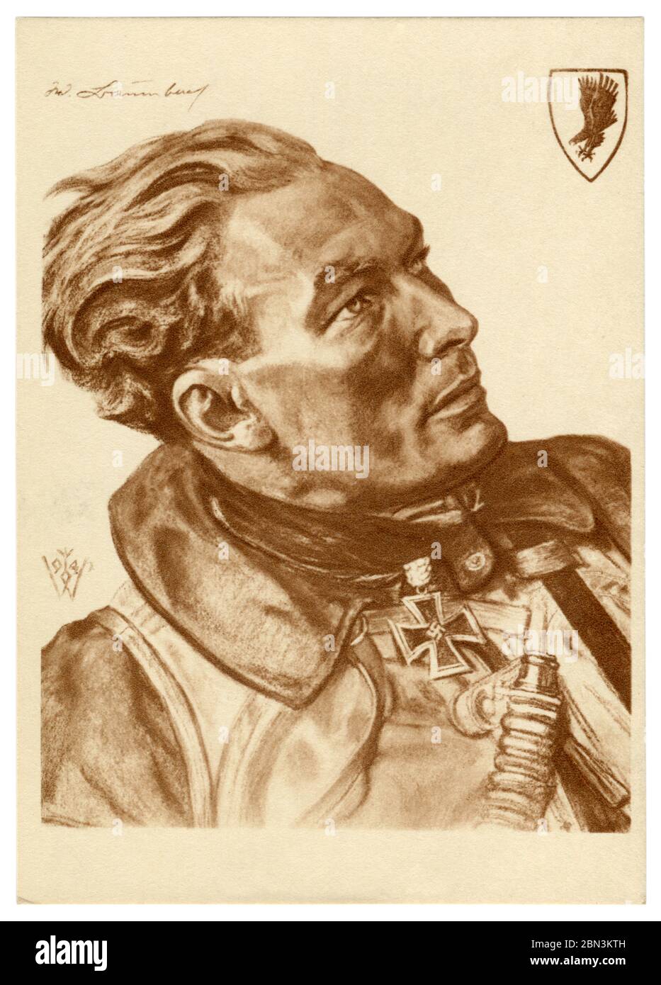 Carte postale historique allemande : portrait d'un pilote majeur Werner Baumbach avec une croix de fer avec des feuilles de chêne, artiste Wolfgang Willrich, Allemagne, années 1940 Banque D'Images