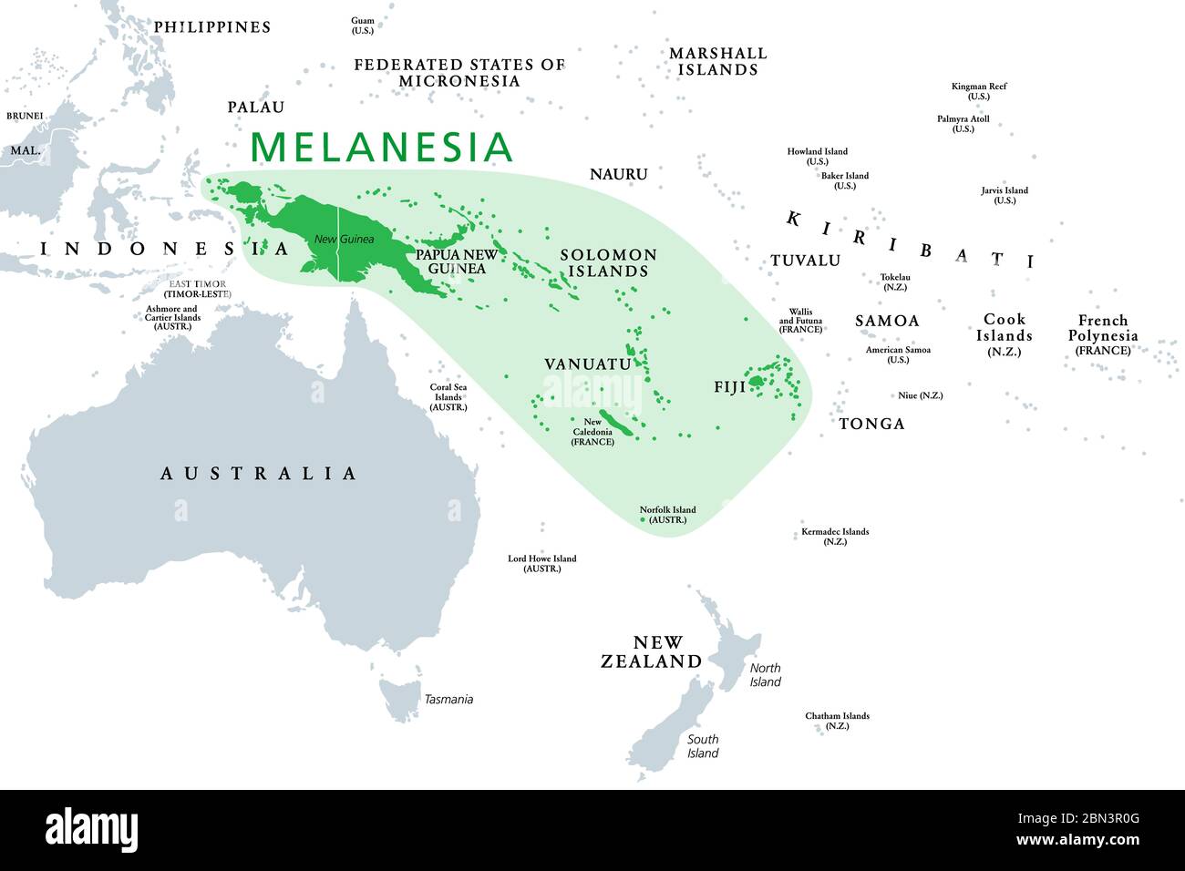 Mélanésie, sous-région de l'Océanie, carte politique. S'étendant de la Nouvelle-Guinée dans le sud-ouest de l'océan Pacifique jusqu'aux Tonga. Banque D'Images