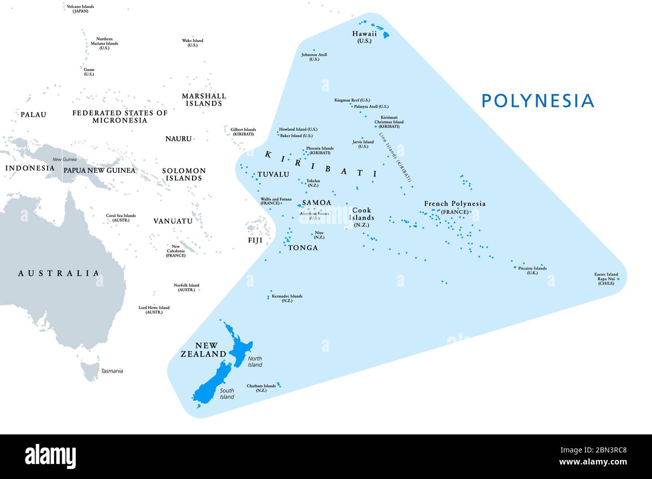 Polynésie, sous-région de l'Océanie, carte politique. Une région, composée de plus de 1000 îles dispersées au-dessus du centre et du sud de l'océan Pacifique. Banque D'Images