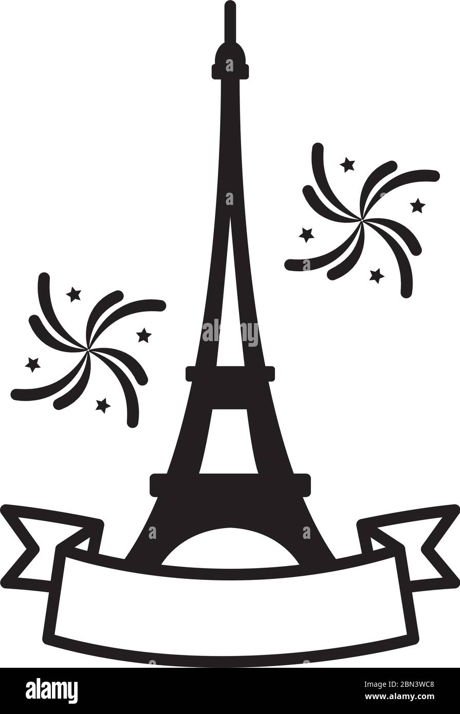 bastille day concept, tour eiffel avec ruban décoratif et feu d'artifice icône sur fond blanc, style de ligne, illustration vectorielle Illustration de Vecteur