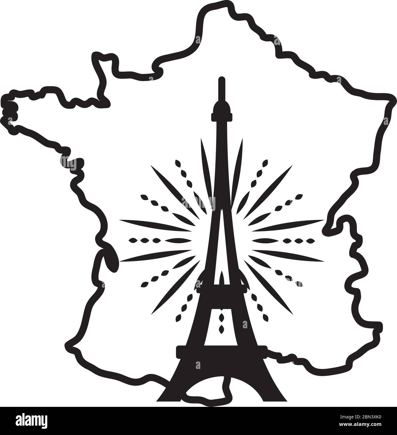 bastille day concept, carte de france avec tour eiffel avec feux d'artifice sur fond blanc, style ligne, illustration vectorielle Illustration de Vecteur