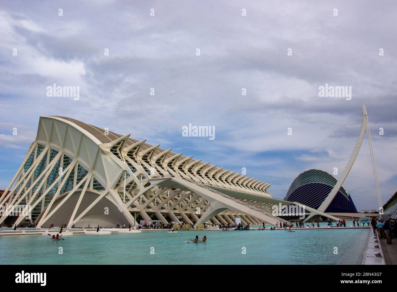 Le Museo de las Ciencias Príncipe Felipe, conçu par Santiago Calatrava, avec le Pont Assut de l'Or en arrière-plan, à Valence, Espagne Banque D'Images