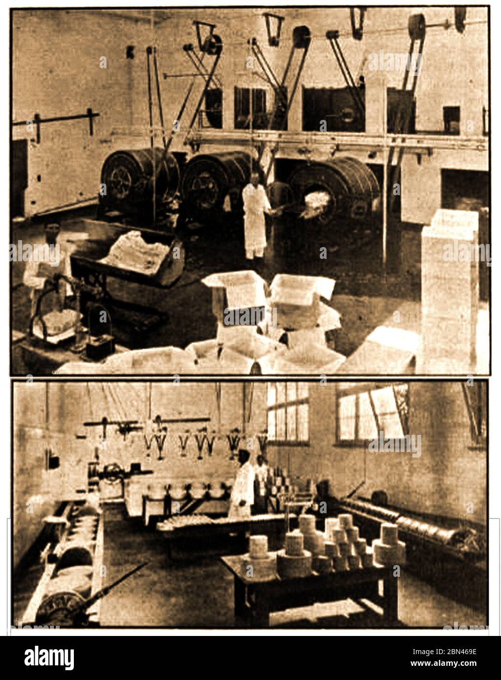 Industrie laitière en Grande-Bretagne - installations typiques de fabrication de beurre et de fromage dans une usine britannique de 1927. Banque D'Images