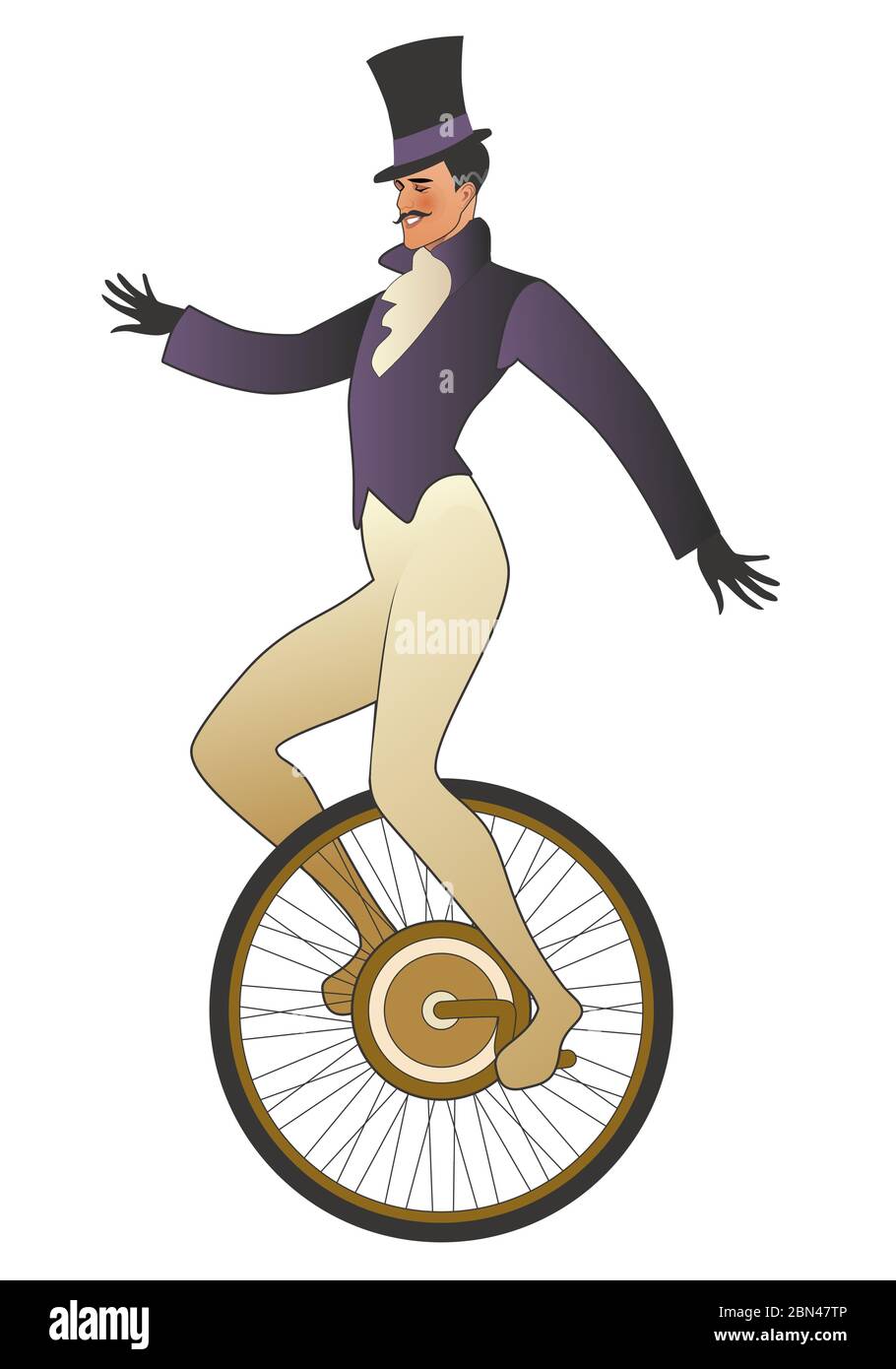Marcheur sur corde raide moustaché habillé dans l'ancienne mode, portant le chapeau, l'équilibre sur monocycle, isolé sur fond blanc Illustration de Vecteur