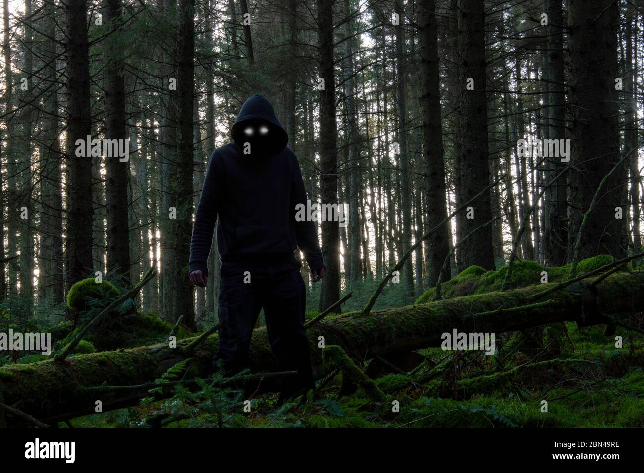 Un concept terrifiant d'une forêt d'hiver effrayante avec une figure à capuchon effrayante avec des yeux lumineux debout à côté d'un arbre tombé Banque D'Images