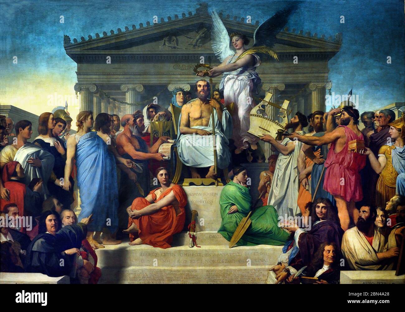 Homer déifié, ou l'apothéose de Homer 1827 Jean-Auguste-Dominique INGRES 1780 – 1867Jean-Auguste-Dominique INGRES 1780 – 1867 France française ( le poète Homère est présenté comme un dieu, assis devant un temple portant son nom sur le fronton. Il est couronné de lauriers par une victoire. ) Banque D'Images