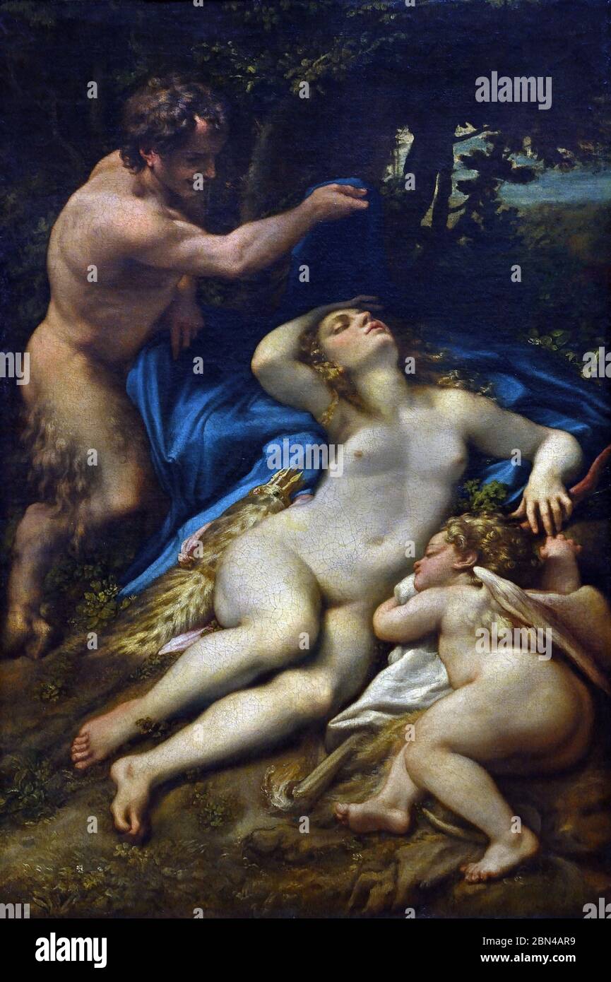 Vénus et Cupidon avec un Satyr ( Jupiter et Antiope ) 1524 par l'artiste italien Antonio Allegri - CORREGGIO 1528 ( CORREGE ) Banque D'Images