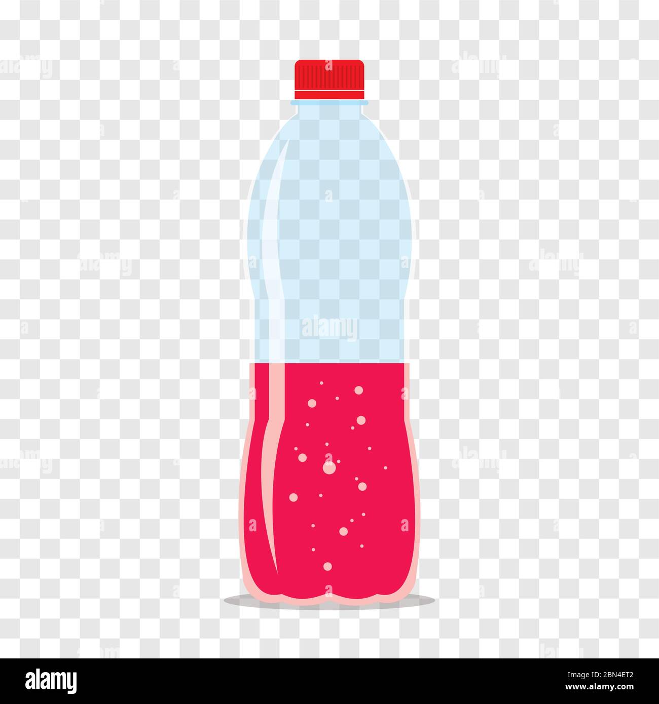 Bouteille en plastique à moitié remplie de jus de framboise frais. Icône plate isolée sur un arrière-plan à carreaux. Liquide cramoisi dans un récipient transparent. St Illustration de Vecteur