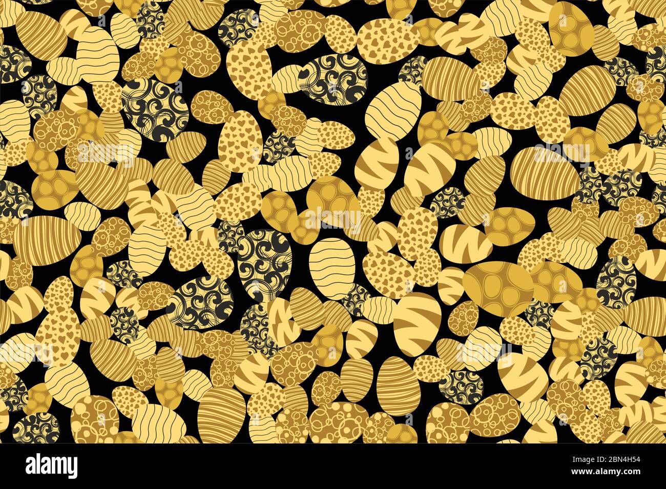 Tons dorés oeufs de pâques placés au hasard sur fond noir. Motif décoratif sans couture. Texture adaptée à l'emballage ou à la carte de vœux. Eps8 vectoriel Illustration de Vecteur