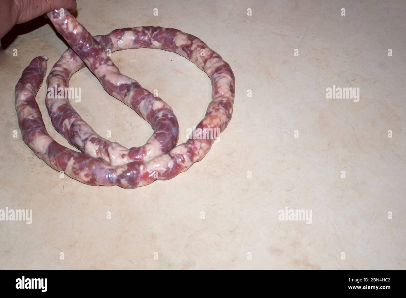 Faire des saucisses maison à la maison. Farcir l'intestin de porc avec de la viande et de la graisse. L'étape initiale du travail. La photo montre la partie de la main qui tient Banque D'Images