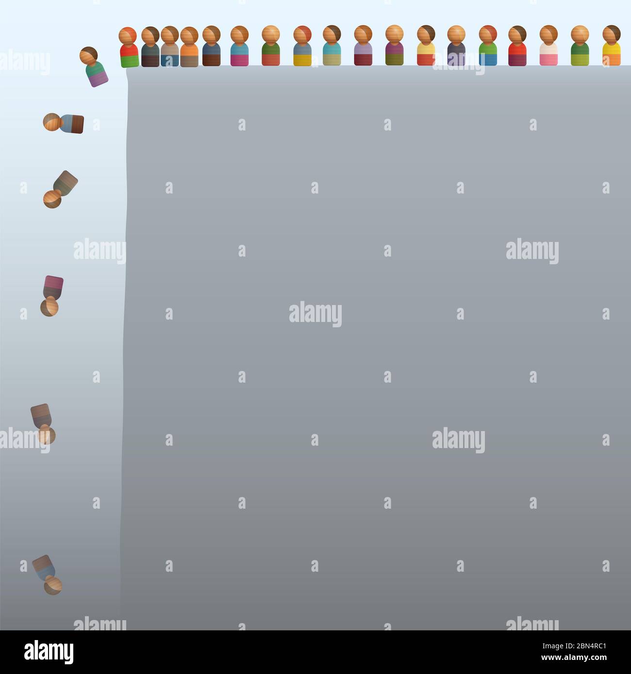 Des personnages qui sautent d'une falaise comme des lemmings. Symbole de l'obéissance aveugle, de la pression de groupe, de l'insouciance, de la stupidité, de l'incapacité, de la dépression, de la soumission. Banque D'Images