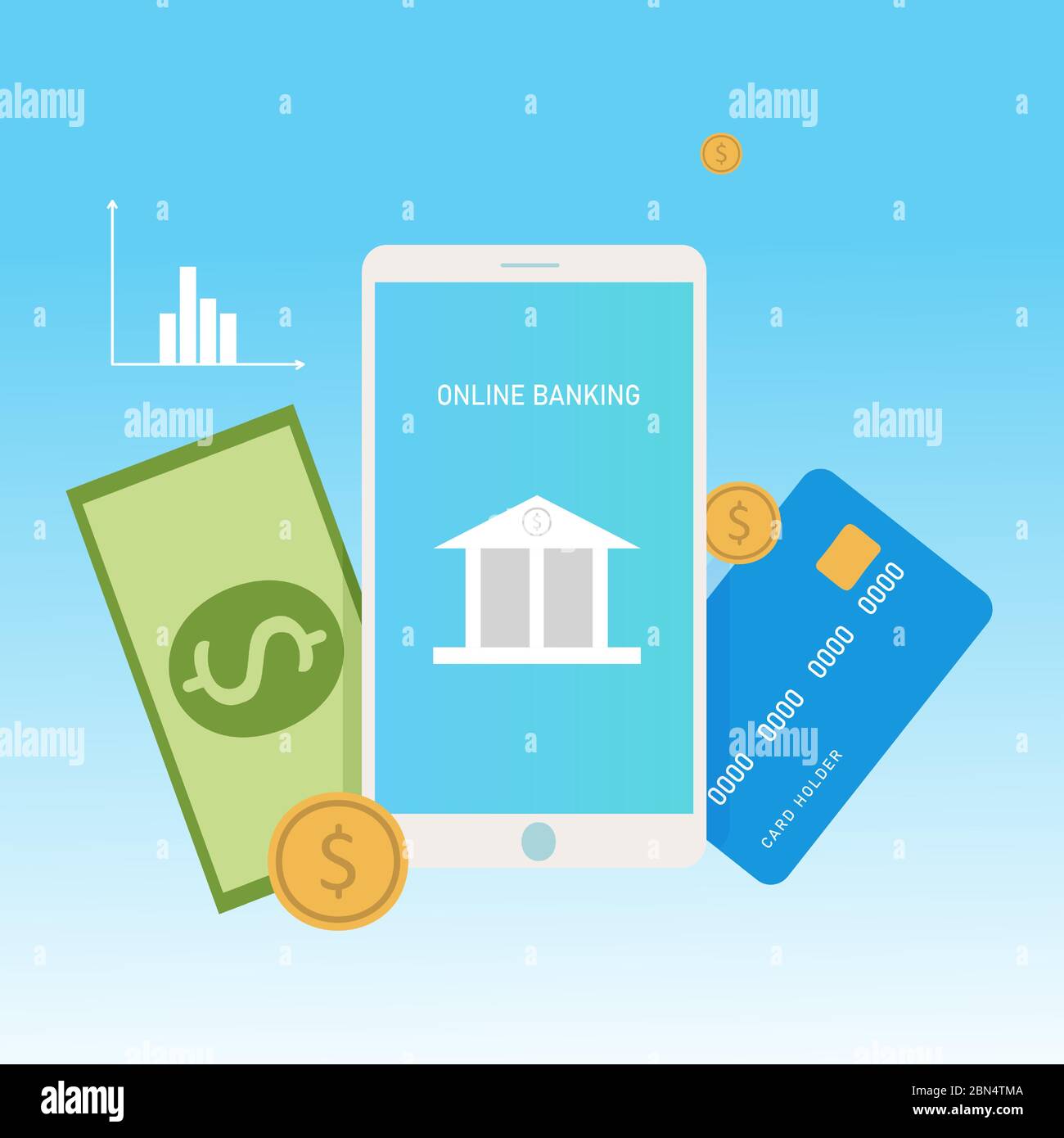 Concept de banque en ligne, paiement en ligne. Smartphone, carte de crédit et argent Illustration de Vecteur