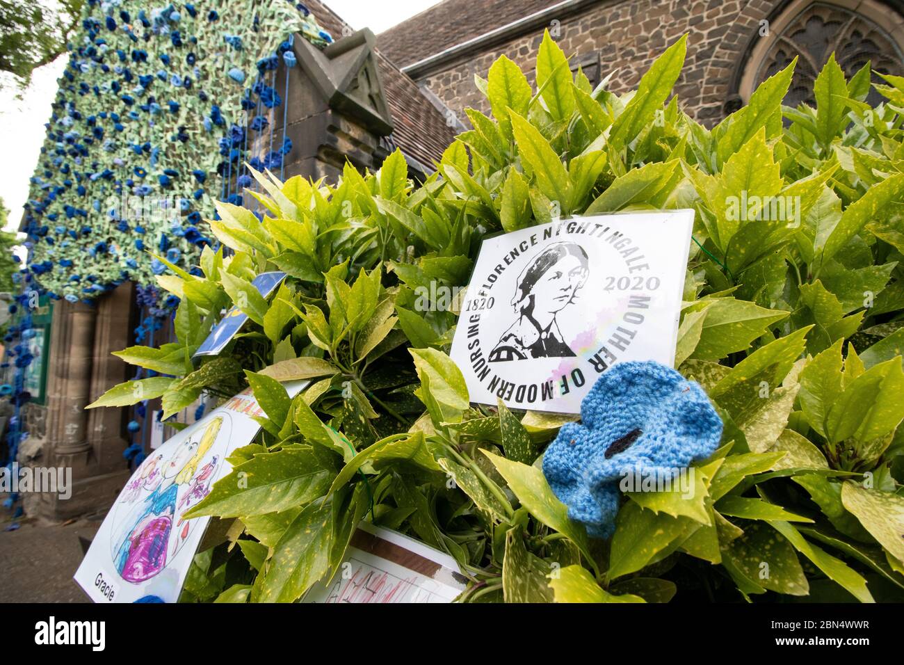 Certains des 600 coquelicots bleus fabriqués sont en place à l'extérieur de l'église Sainte Marie, sur la place du marché, Atherstone. Les coquelicots bleus sont de marquer la naissance de Florence Nightingale il y a 200 ans. Florence Nightingale a des connexions avec Atherstone (voir plus d'infos). Banque D'Images