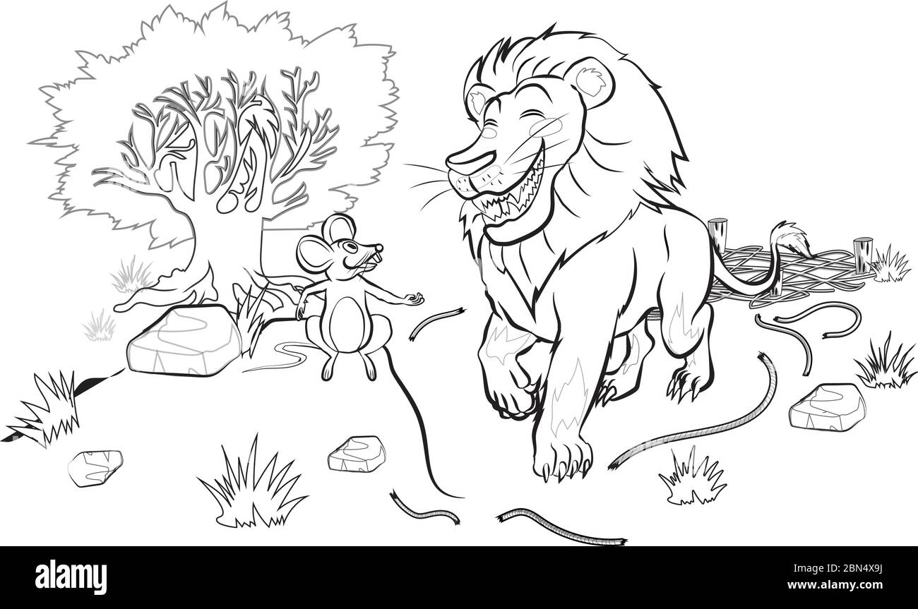 rat aider le lion de piège dans la jungle vecteur de dessin animé coloré Illustration de Vecteur