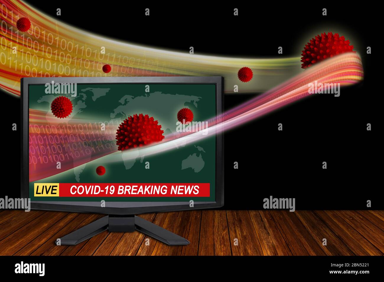 Concept d'actualités de la série Covid-19 coronavirus Breaking avec moniteur TV montrant une vague de flux de données d'information sortant de l'écran avec espace de copie. Banque D'Images