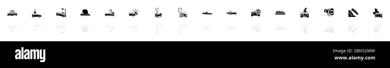 Icônes de collision de voiture - symbole d'illustration horizontal noir sur fond blanc avec miroir réflexion d'ombre. Icône vecteur plat. Illustration de Vecteur