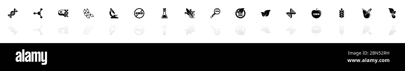 Icônes GMO - Noir horizontal symbole d'illustration sur fond blanc avec miroir reflet d'ombre. Icône vecteur plat. Illustration de Vecteur