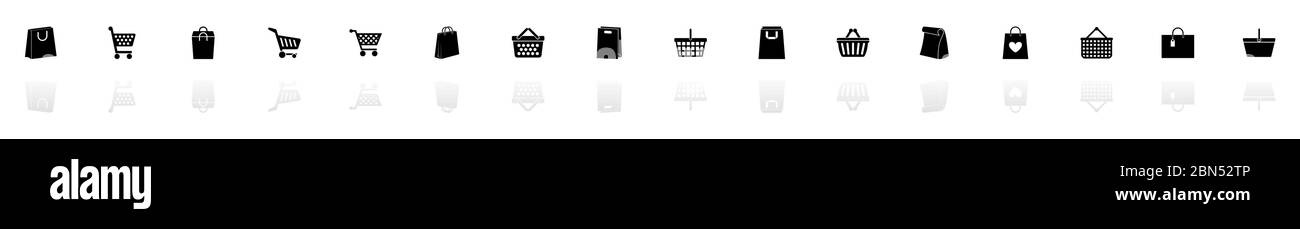 Icônes des sacs d'achats - Noir horizontal symbole d'illustration sur fond blanc avec miroir reflet d'ombre. Icône vecteur plat. Illustration de Vecteur