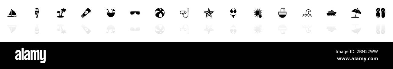 Icônes de voyage en mer - Noir horizontal symbole d'illustration sur fond blanc avec miroir reflet d'ombre. Icône vecteur plat. Illustration de Vecteur