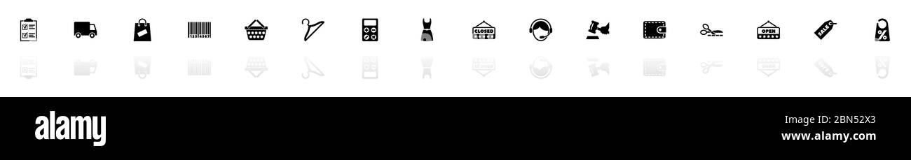 Icônes shopping - Noir horizontal symbole d'illustration sur fond blanc avec miroir reflet d'ombre. Icône vecteur plat. Illustration de Vecteur