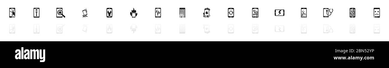 Icônes de réparation de smartphone - symbole d'illustration horizontal noir sur fond blanc avec miroir reflet d'ombre. Icône vecteur plat. Illustration de Vecteur