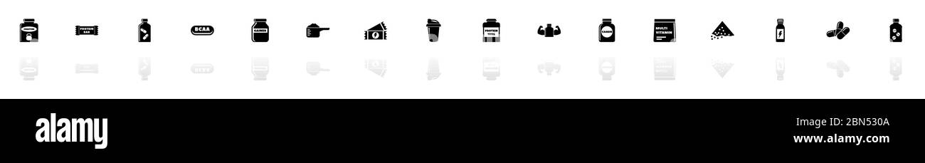 Icônes des suppléments sportifs - Noir horizontal symbole d'illustration sur fond blanc avec miroir reflet d'ombre. Icône vecteur plat. Illustration de Vecteur