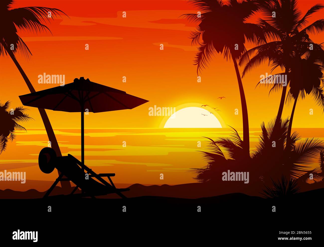 Silhouettes De Palmiers Tropicaux D Ete Et La Plage Sur Fond De Soleil Couchant Concept De Nature Magique Style Plat Trame De Design Artistique Photo Stock Alamy