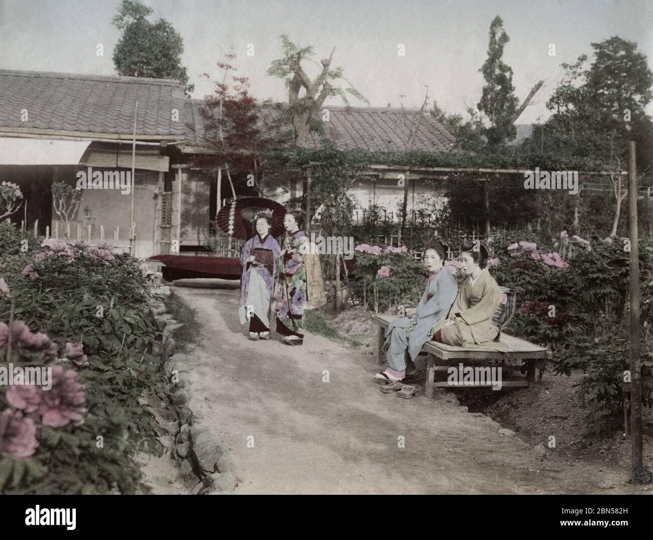 Jeunes femmes assises dans un jardin de fleurs, Japon Banque D'Images