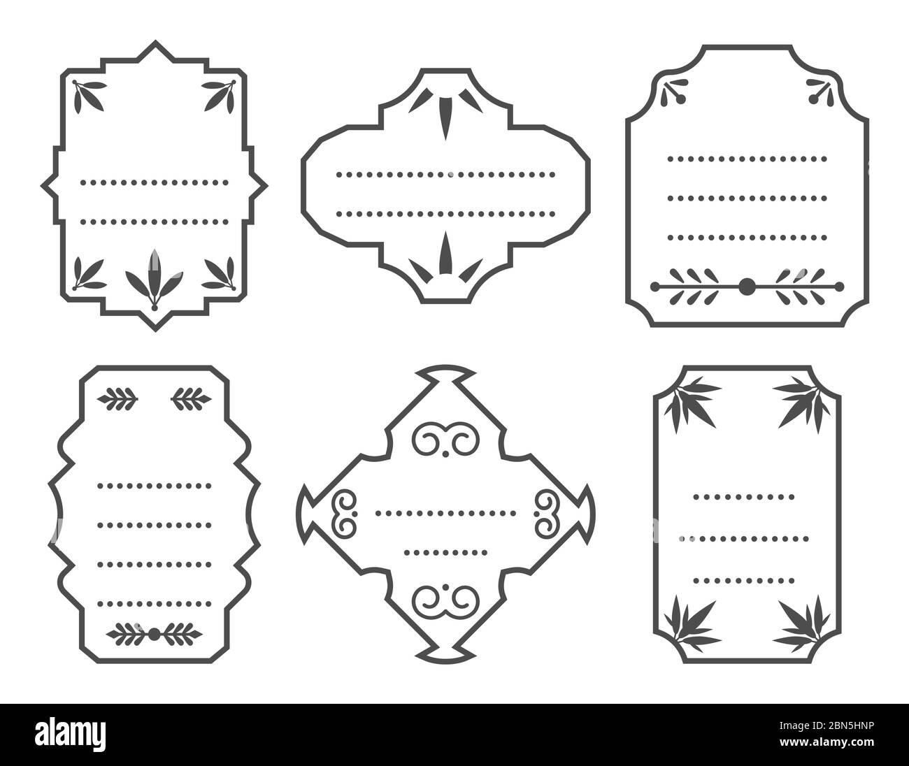 Ensemble d'étiquettes rétro à bordure noire. Bannière rétro de forme différente, menu, étiquettes de prix de vente. Modèle de zone de texte pour bloc d'étiquettes de timbres vide. Isolé sur une illustration vectorielle blanche Illustration de Vecteur