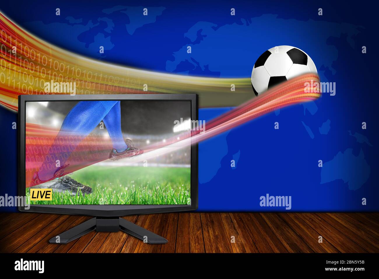 Football sports Live concept avec moniteur de télévision illustrant la dernière technologie de diffusion VR et le ballon de football HD réaliste en vol. Banque D'Images