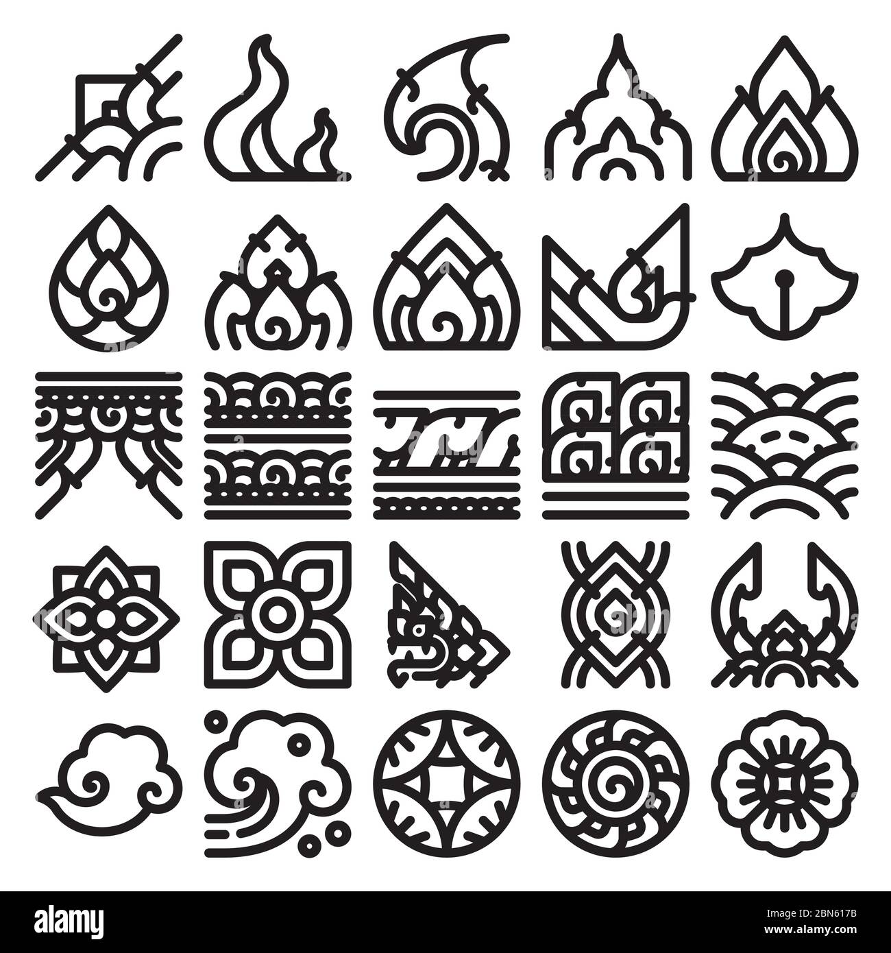 Jeu d'icônes de motif de ligne art thaïlandais. Ligne unique. Illustration de Vecteur