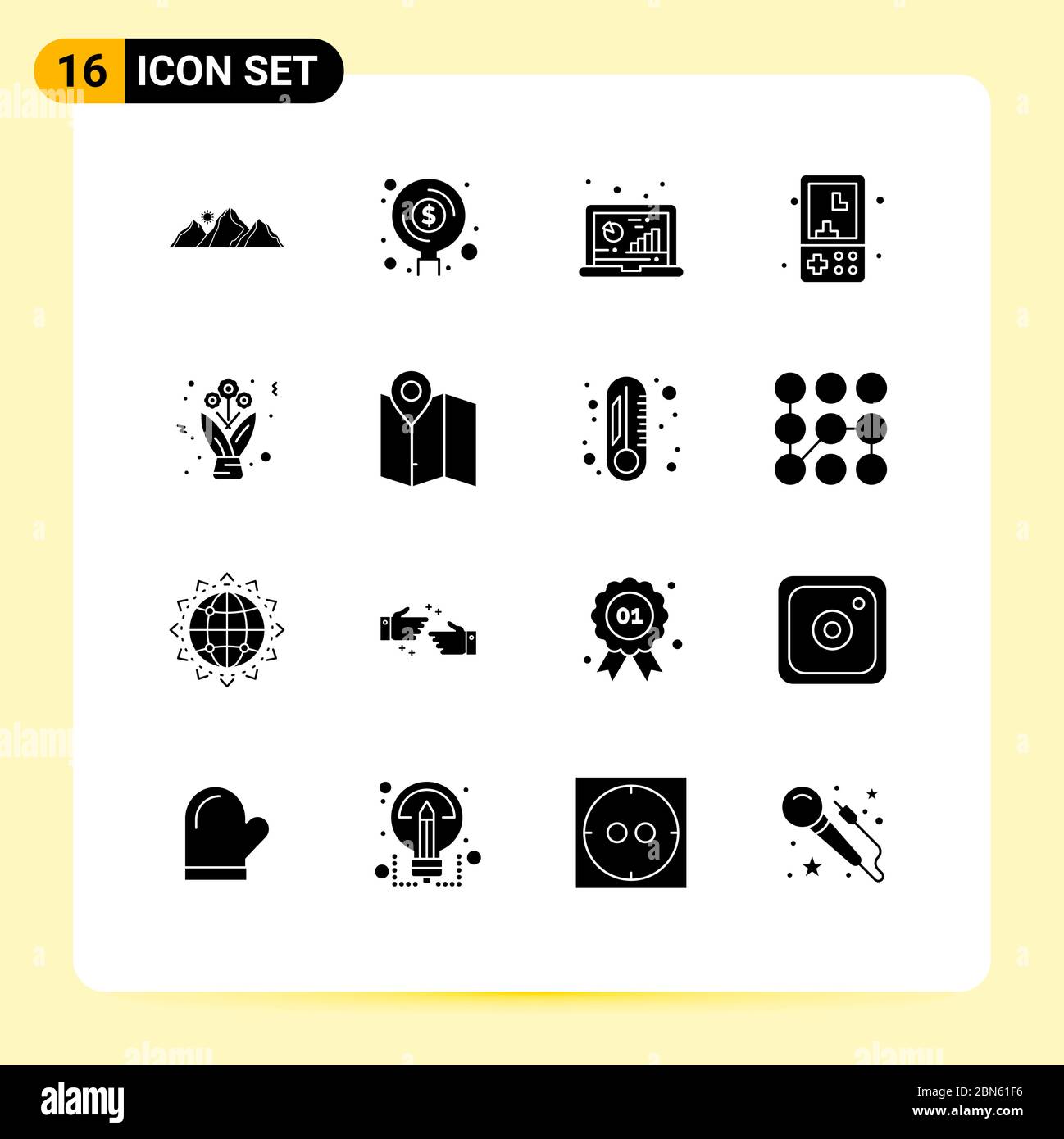 Pack de 16 symboles et signes solides modernes Glyphes pour les supports d'impression Web tels que les jeux, l'électronique, l'investissement, la recherche, la conception vectorielle modifiable par ordinateur Illustration de Vecteur