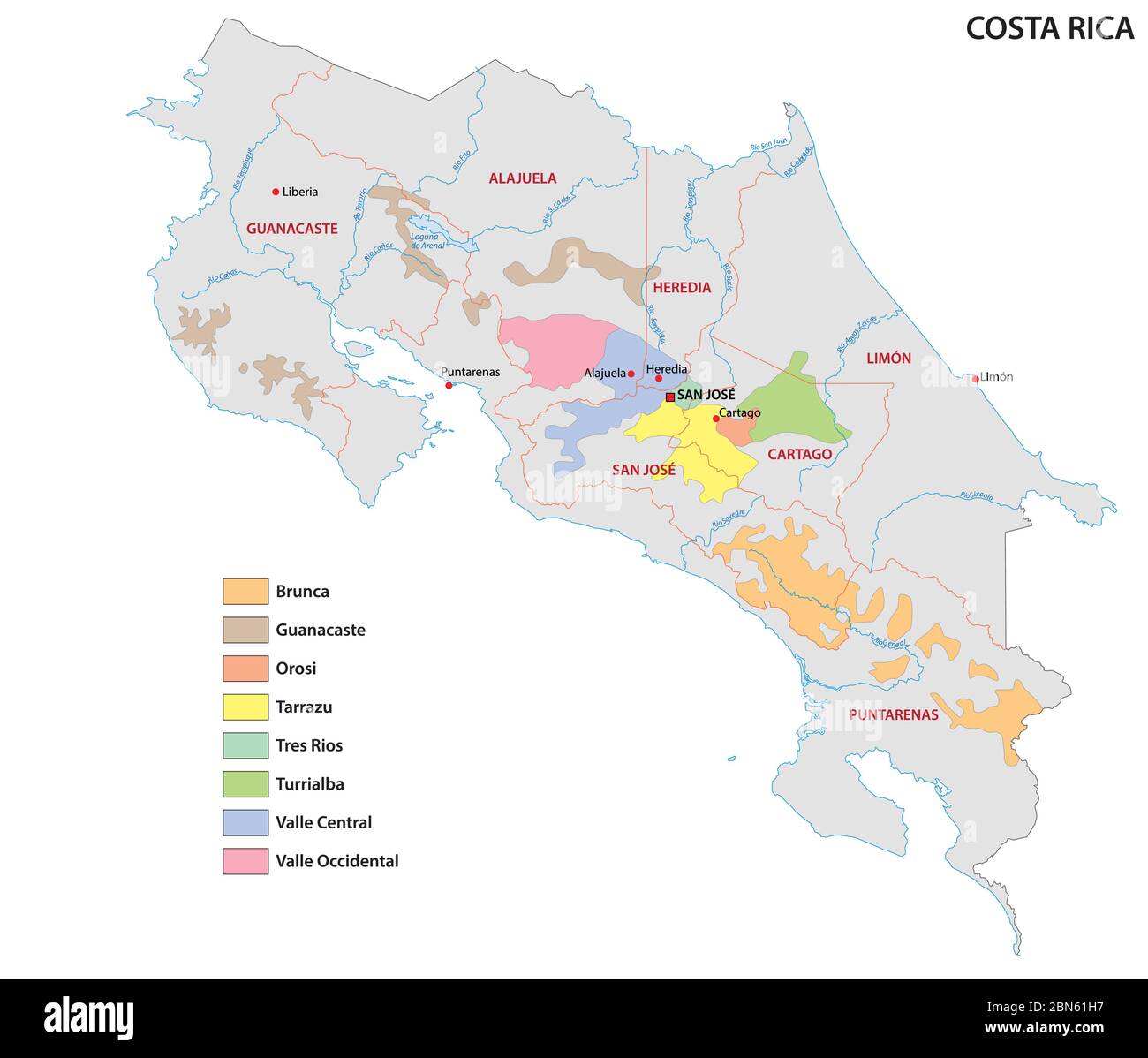 Carte des régions productrices de café du costa rica Illustration de Vecteur