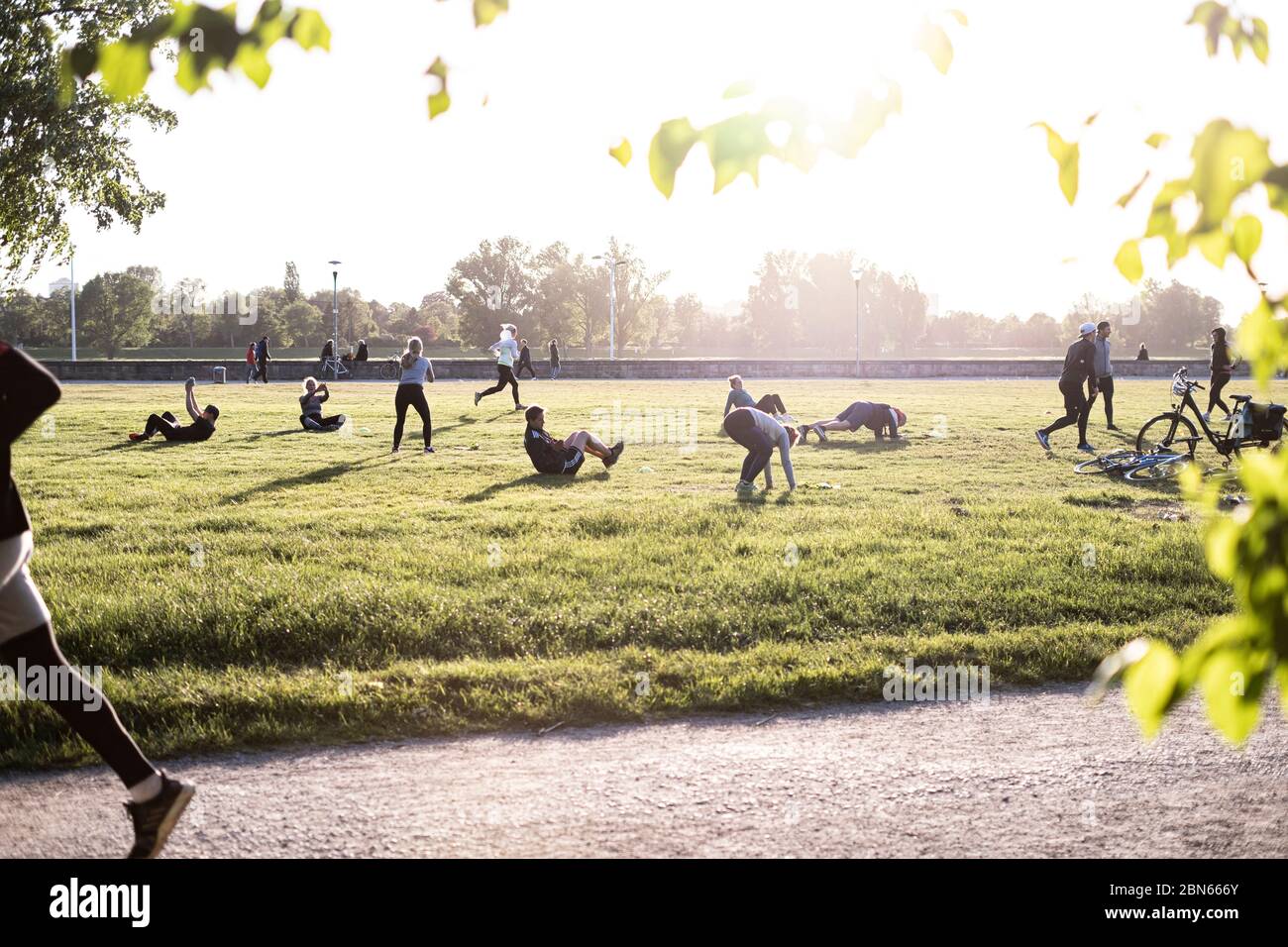 Sport mit abstand im Freien zu Coronazeiten im Rheinpark, Düsseldorf. Banque D'Images