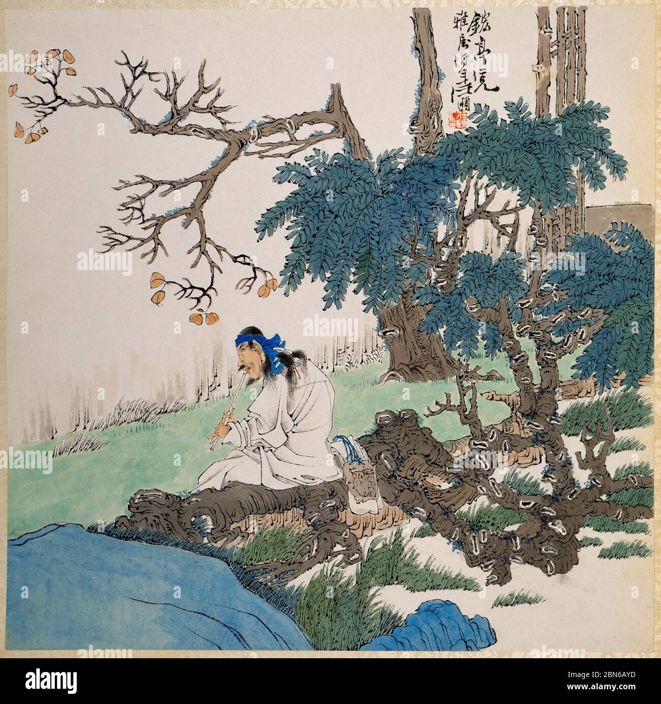 Chine: "Jouer à la flûte". Peinture à l'encre par Ren Yi (1840-1896), c. 1860-1880. REN Yi (1840-1896), également connu sous le nom de Ren Bonian, était un peintre chinois Banque D'Images