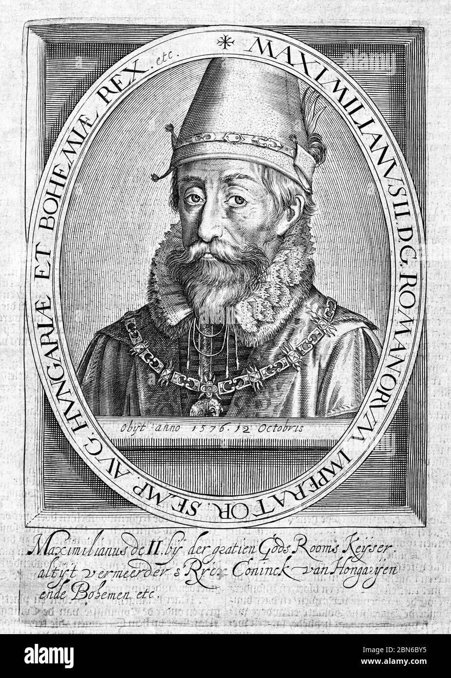 Allemagne: Gravure en cuivre de Maximilien II (1527-1576), 32e empereur romain, par Emanuel van Meteren (1535-1612) et Simeon Ruytinck (-1621), c. 16 Banque D'Images