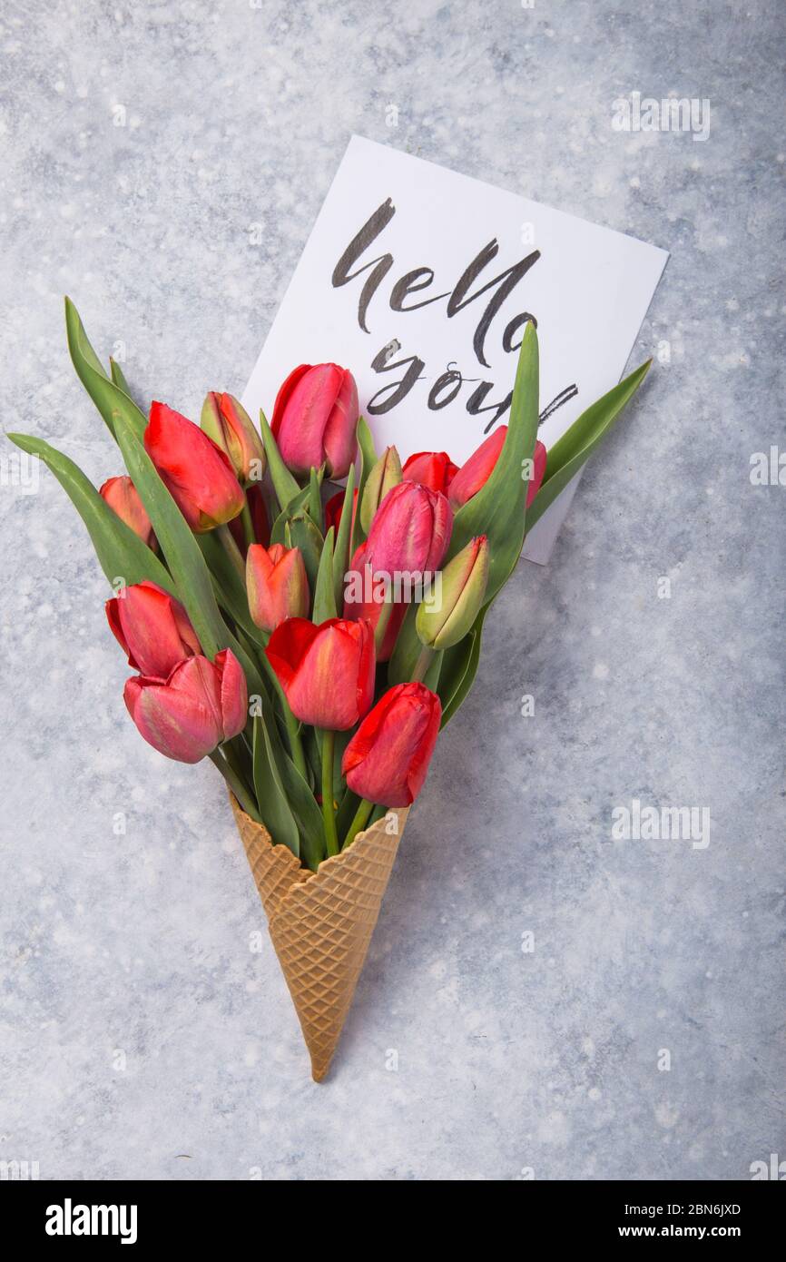 Rouge magnifiques tulipes dans un cône de gaufres de glace avec carte Bonjour sur un fond de béton. Idée conceptuelle d'un cadeau de fleur. Ambiance printanière Banque D'Images