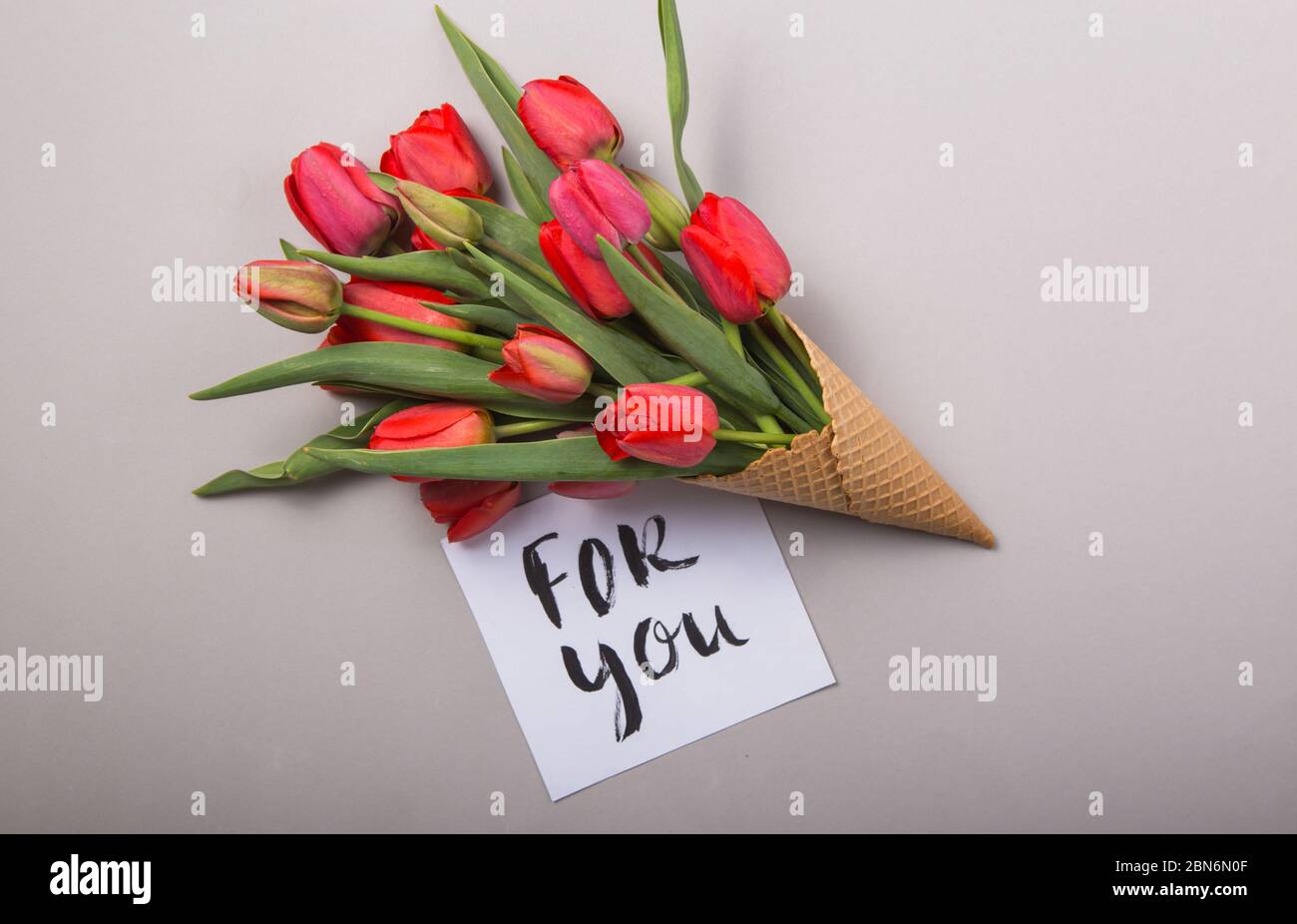 Rouge magnifiques tulipes dans un cône de gaufres de glace avec carte Bonjour sur un fond de béton. Idée conceptuelle d'un cadeau de fleur. Ambiance printanière Banque D'Images