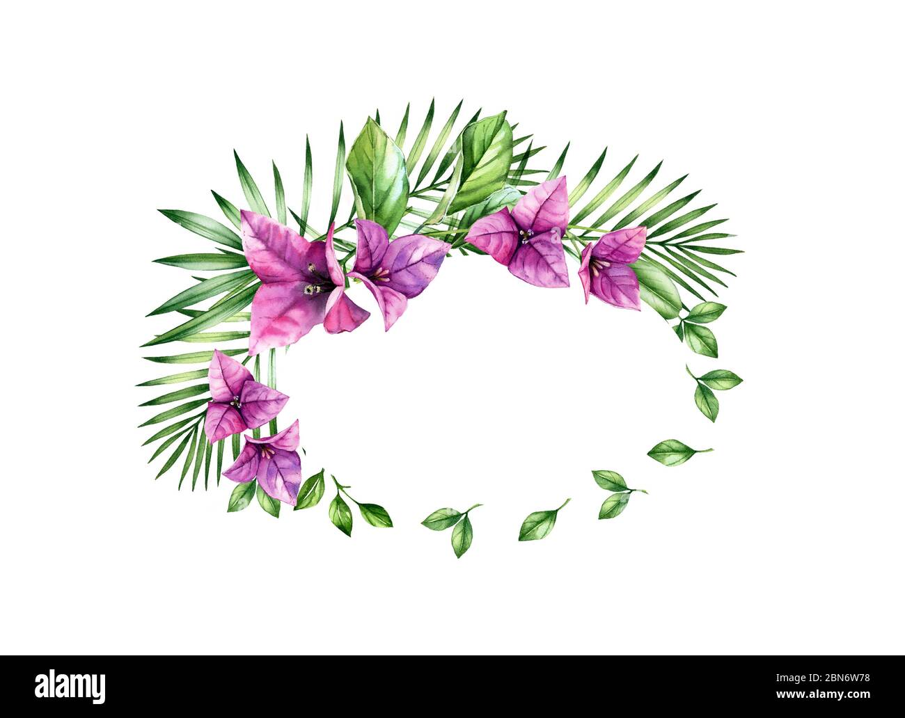 Fond floral aquarelle. Bannière horizontale avec cadre ovale et place pour le texte. Fleurs de bougainvilliers violets. Illustration botanique tropicale Banque D'Images