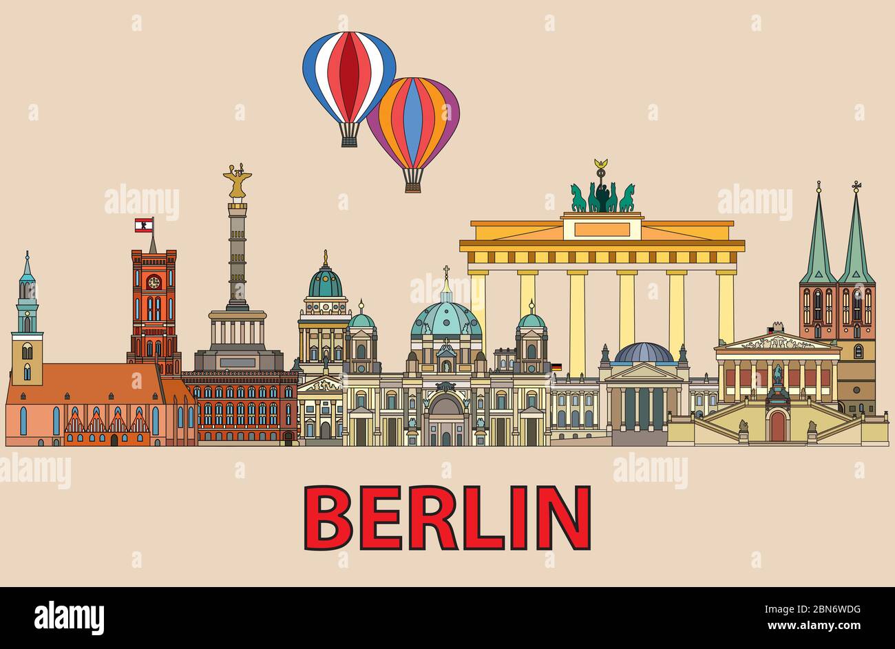 Horizon vectoriel coloré de Berlin, Allemagne, dans le style des arts de la ligne. Illustration vectorielle plate colorée des principaux monuments de Berlin vue de face isolée sur l'été Illustration de Vecteur