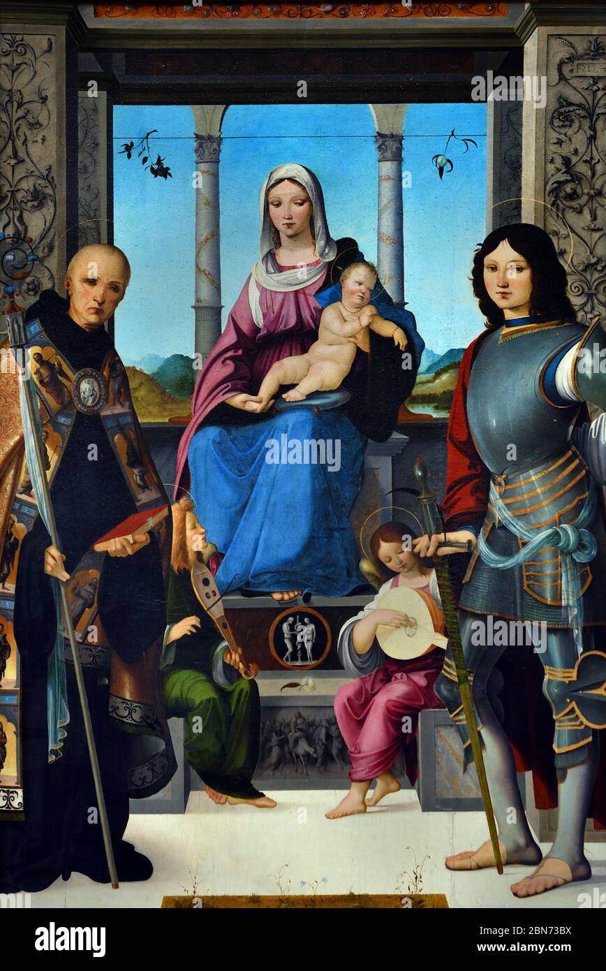 La Vierge et l'enfant avec Saint Benoît et Saint Quentin et les deux anges 1500-1505 par Francesco MARMITTA Italie, Italien. Banque D'Images
