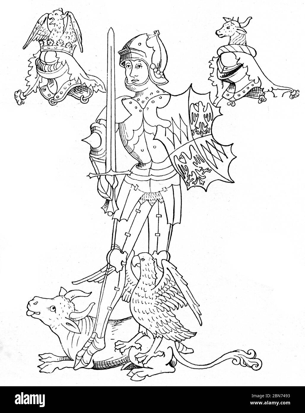 Warwick The King Maker, c1483-84. Par John Rous (d1492). Richard Neville, 16th comte de Warwick (1428-1471), connu sous le nom de Warwick le faiseur de rois. Neville était un noble anglais, un administrateur et un commandant militaire. Neville se trouve dans Henry VI de William Shakespeare, parties 2 et 3. De The Rous Roll par John Rous (d1492). Banque D'Images