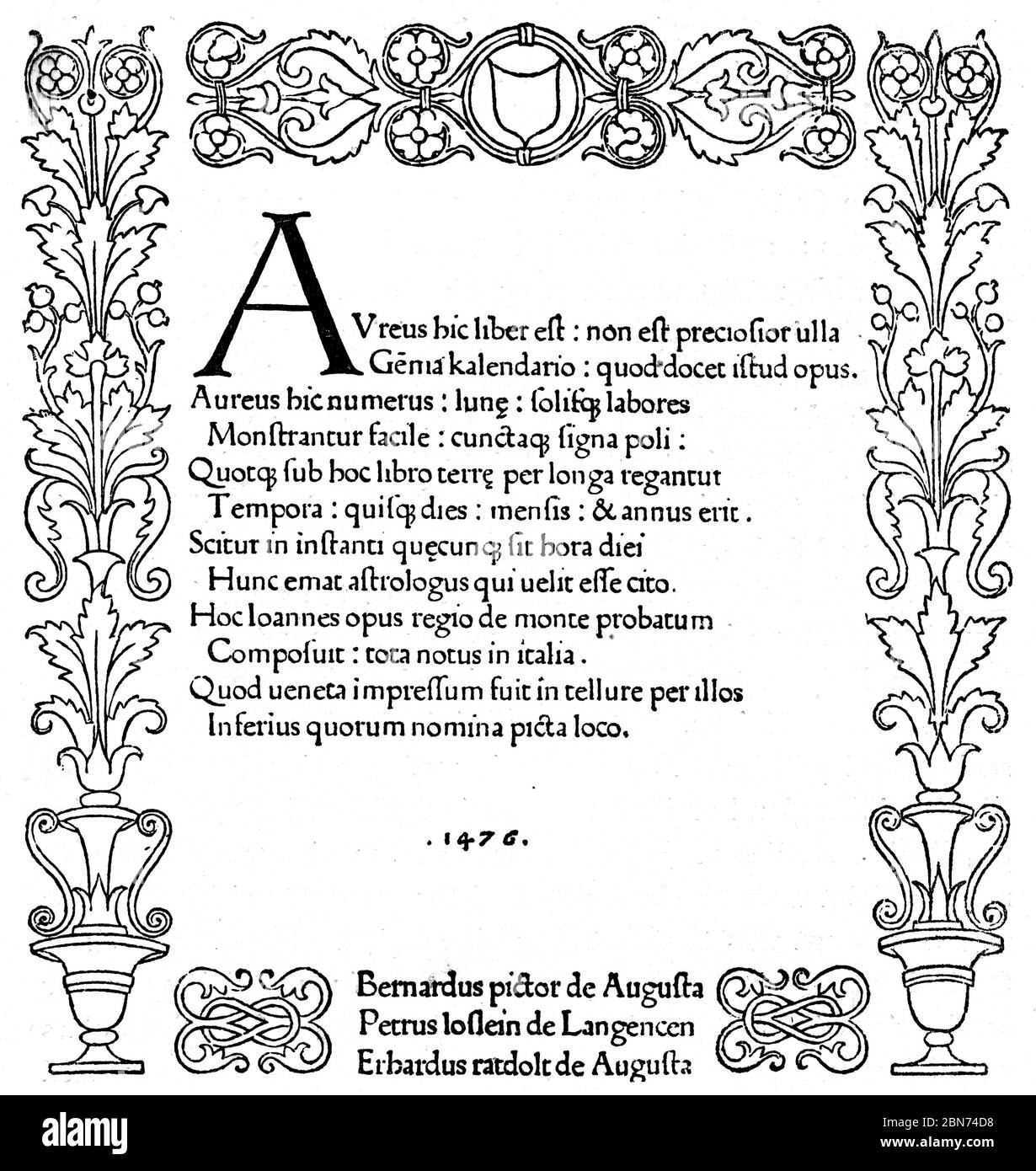 Page de titre de Kalendarium (Calendarium), 1476. Par Regiomontanus (1436-1476). Johannes Müller von Königsberg (1436-1476), mieux connu sous le nom de Regiomontanus (1436-1476), était un mathématicien, astrologue et astronome. En 1475, il a été appelé à Rome par le Pape Sixtus IV pour travailler à la réforme du calendrier. Banque D'Images