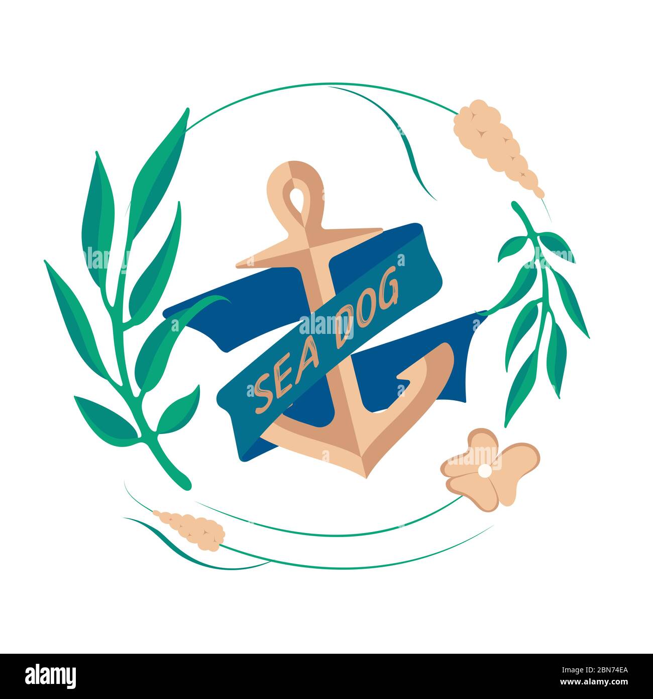 Ancre avec ruban été océan amour marine imprimé avec fleurs et feuilles couronne cadre. Dessin à la main vecteur graphique amour mer ancre. Océan artistique Illustration de Vecteur