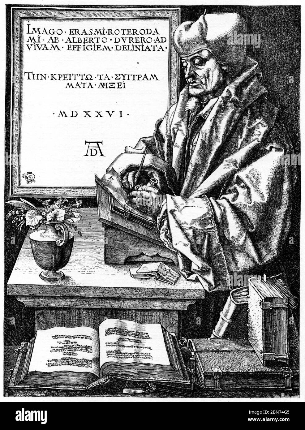 Portrait d'Erasmus, 1526. Par Albrecht Dürer (1471-1528). Desiderius Erasmus Roterodamus (1466-1536), connu sous le nom d'Erasmus ou Erasmus de Rotterdam, était un philosophe et érudit chrétien néerlandais considéré comme l'un des plus grands érudits de la Renaissance septentrionale. Banque D'Images