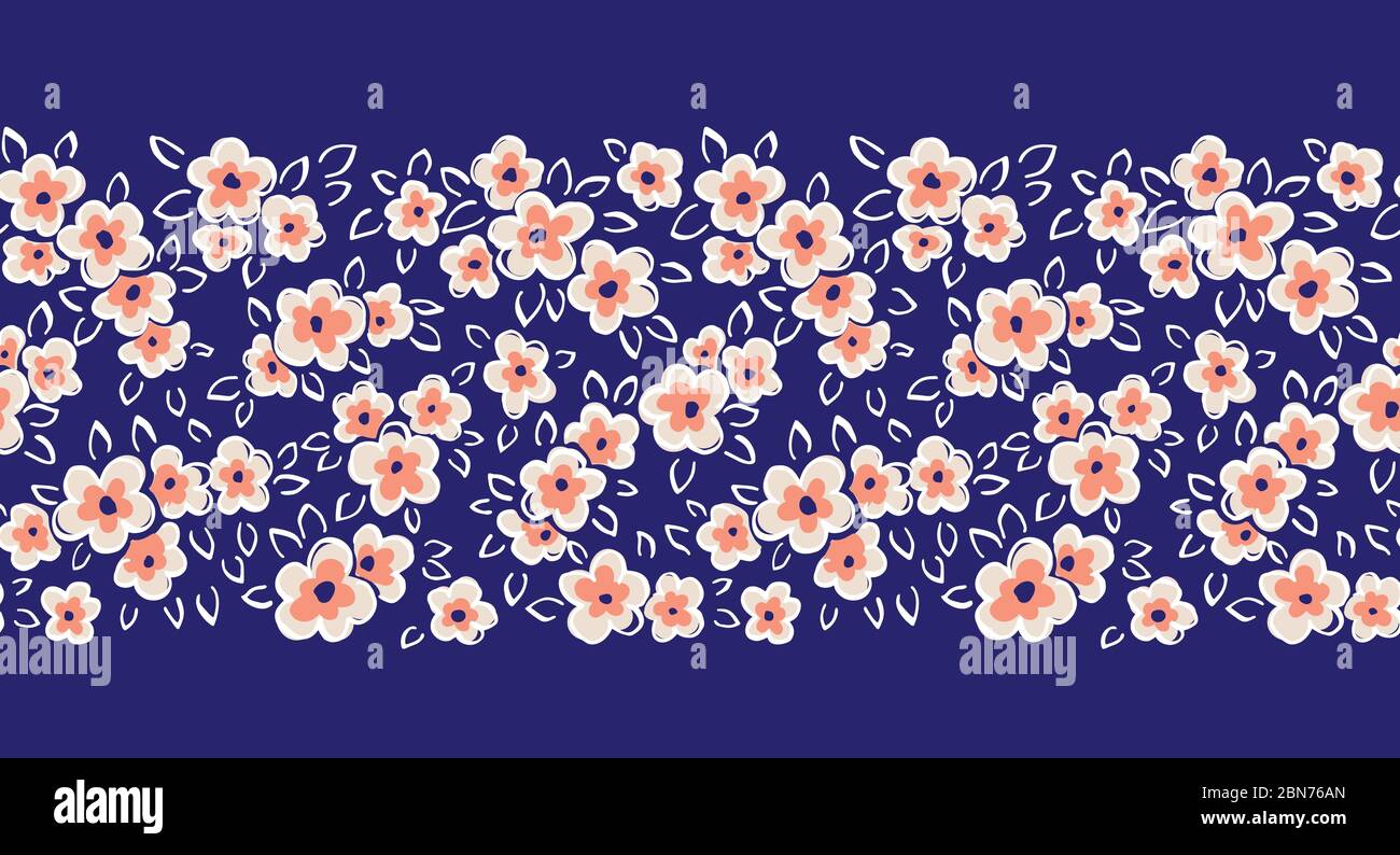 Dessin à la main, dessin artistique naïf fleurs de Marguerite contours sur fond bleu vecteur sans couture motif bordure Illustration de Vecteur