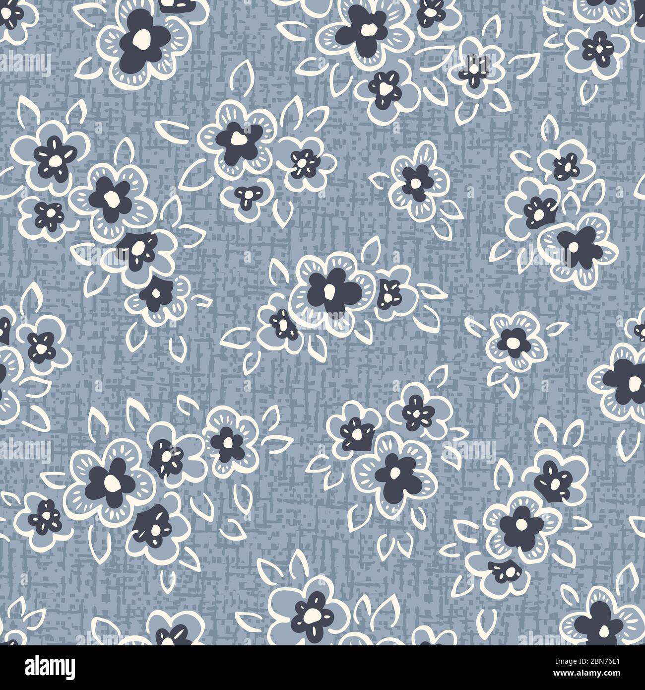 Dessin à la main, dessin artistique naïf, fleurs sur fond bleu denim Vector sans couture motif Illustration de Vecteur